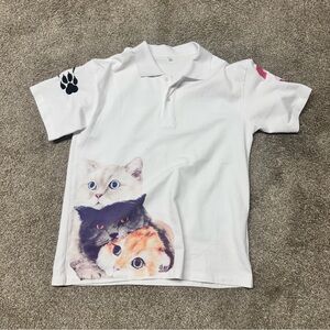 White Cat Print Polo Shirt Mens L